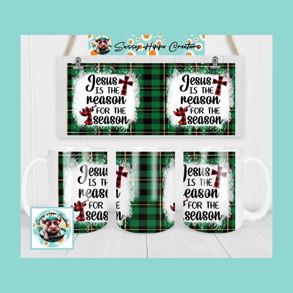 Ceramic Coffee Mug Jesus is the Reason for Season Christmas Cross Green Sublimat - Picture 1 of 4